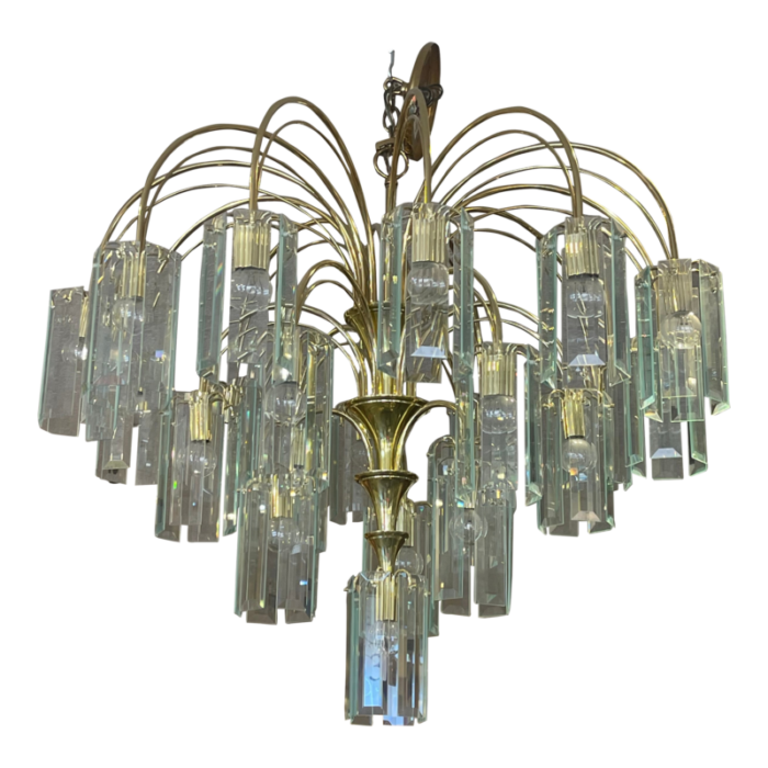 1970s hollywood regency brass and beveled glass waterfall chandelier 3779