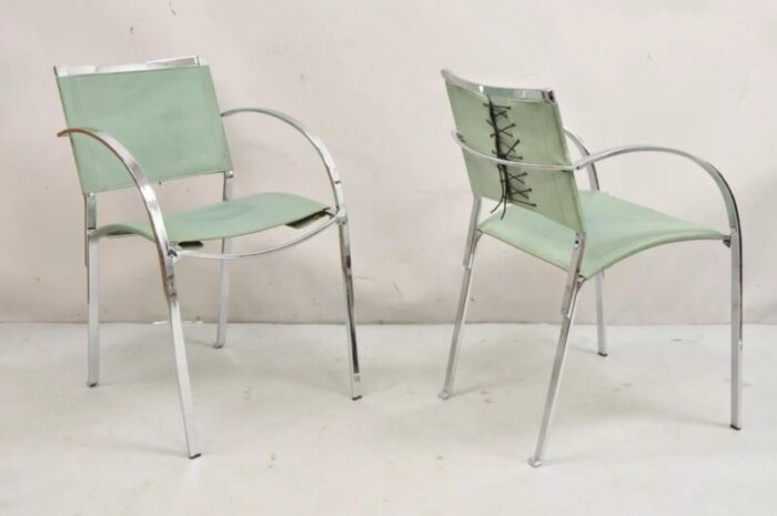 1970s italian modern naos italy teal blue leather chrome corset arm chairs a pair 0029