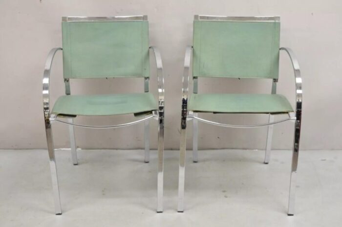 1970s italian modern naos italy teal blue leather chrome corset arm chairs a pair 0932