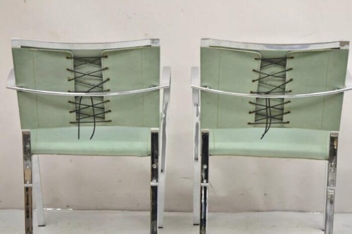 1970s italian modern naos italy teal blue leather chrome corset arm chairs a pair 8390