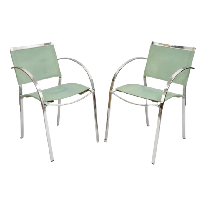 1970s italian modern naos italy teal blue leather chrome corset arm chairs a pair 8607