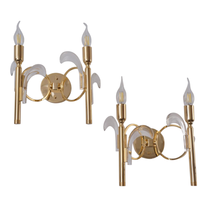 1970s italian vintage palm tree wall lights sconces sciolari style crystal on gold plated gilt frames a pair rewired 1256