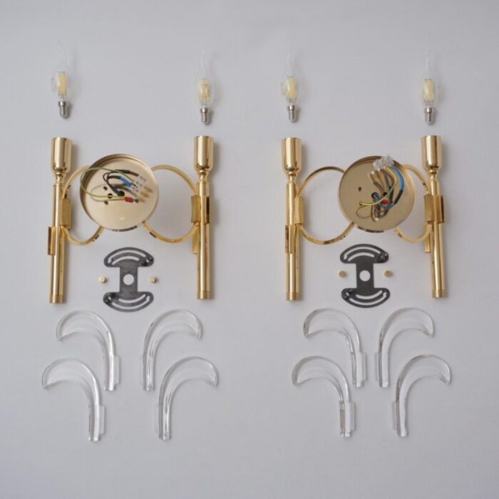 1970s italian vintage palm tree wall lights sconces sciolari style crystal on gold plated gilt frames a pair rewired 8707