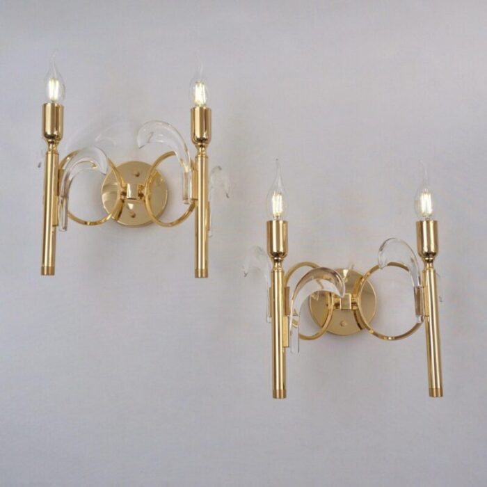 1970s italian vintage palm tree wall lights sconces sciolari style crystal on gold plated gilt frames a pair rewired 9401