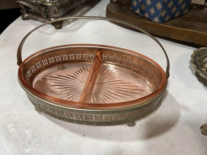 1970s pink depression glass ashtray with lace detailed metal holder 2809