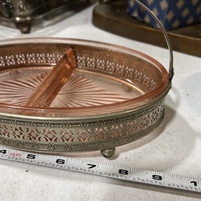 1970s pink depression glass ashtray with lace detailed metal holder 4625