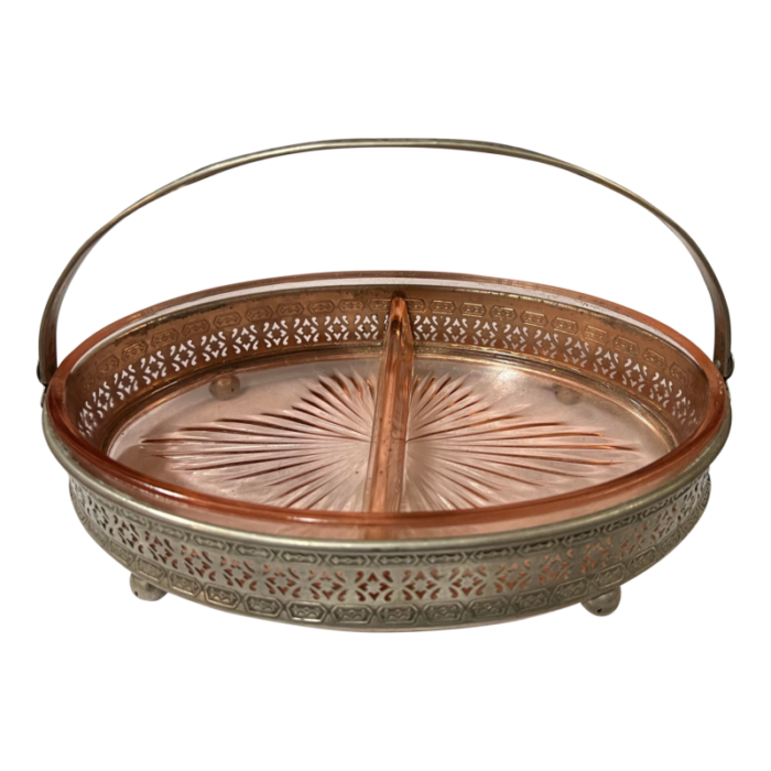 1970s pink depression glass ashtray with lace detailed metal holder 6471