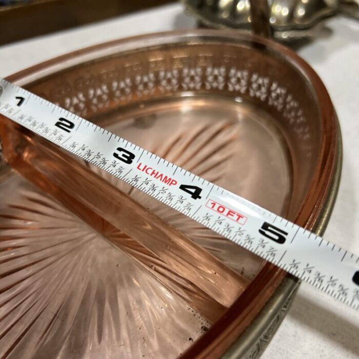 1970s pink depression glass ashtray with lace detailed metal holder 7142