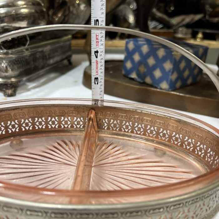 1970s pink depression glass ashtray with lace detailed metal holder 7325