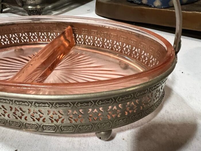 1970s pink depression glass ashtray with lace detailed metal holder 9657