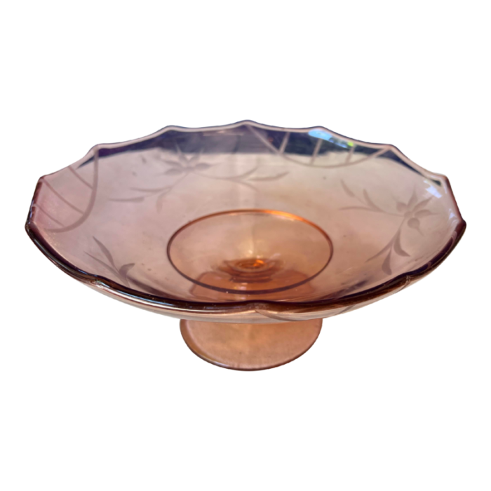 1970s pink depression glass pedestal dish with etching 7958