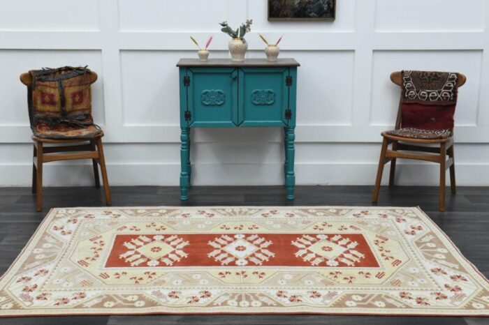 1970s vintage turkish handmade wool and cotton beige area rug 0380