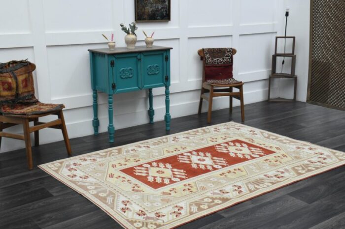 1970s vintage turkish handmade wool and cotton beige area rug 0657