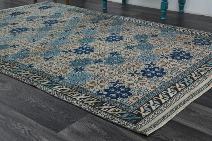 1970s vintage turkish handmade wool and cotton blue area rug 2181