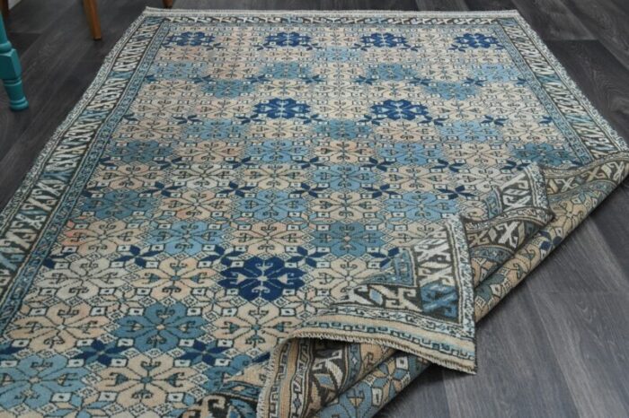 1970s vintage turkish handmade wool and cotton blue area rug 4337