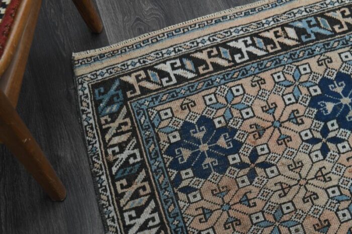 1970s vintage turkish handmade wool and cotton blue area rug 4544