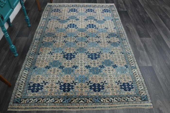 1970s vintage turkish handmade wool and cotton blue area rug 4970