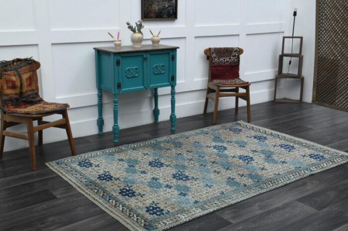 1970s vintage turkish handmade wool and cotton blue area rug 7378