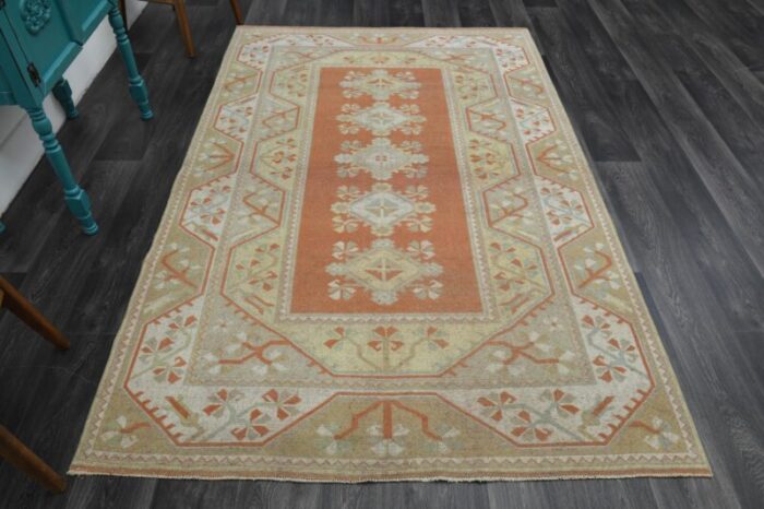 1970s vintage turkish handmade wool and cotton orange area rug 7724