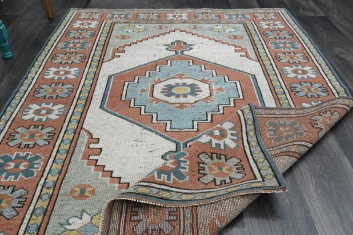 1970s vintage turkish handmade wool and cotton orange area rug 7758