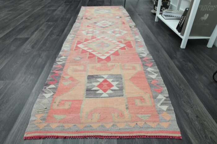 1970s vintage turkish handmade wool and cotton pink runner rug 1912