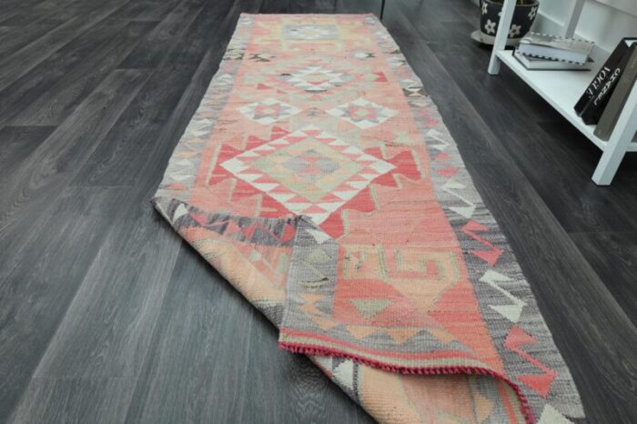 1970s vintage turkish handmade wool and cotton pink runner rug 4020