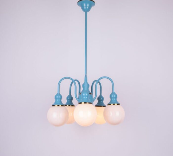 1980s blue french bistro chandelier with opaline glass globes 1201