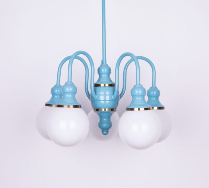 1980s blue french bistro chandelier with opaline glass globes 5038