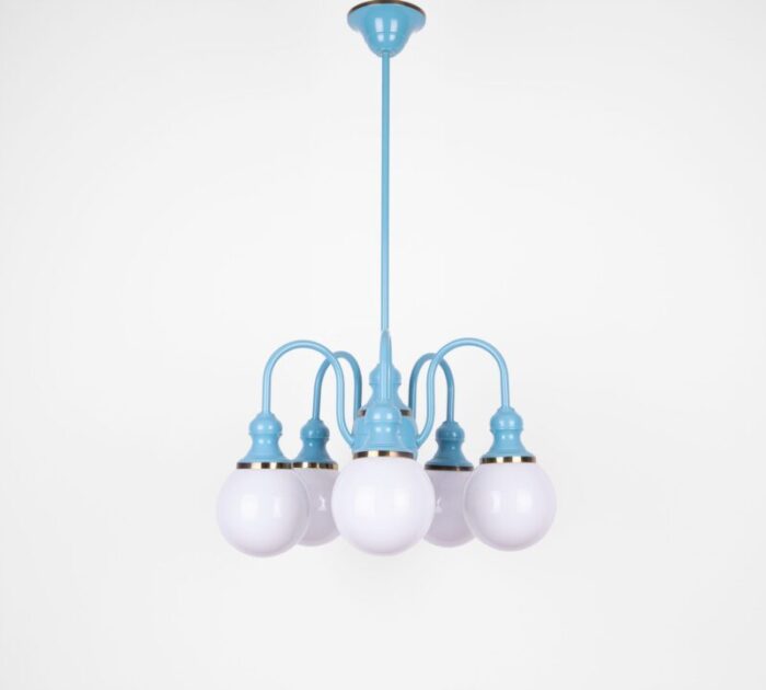 1980s blue french bistro chandelier with opaline glass globes 5366