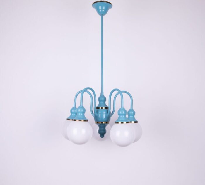 1980s blue french bistro chandelier with opaline glass globes 6705