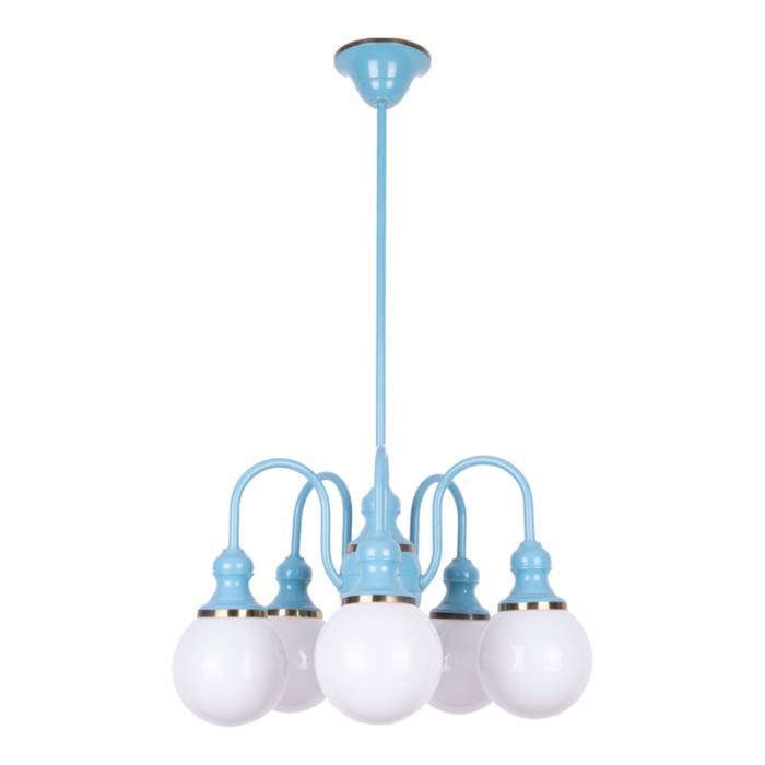 1980s blue french bistro chandelier with opaline glass globes 8585