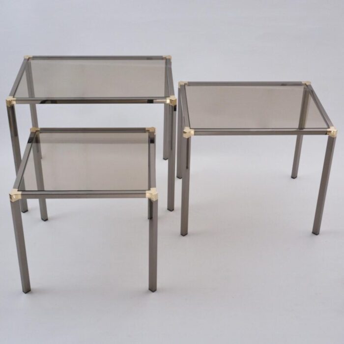 1980s english vintage nest of tables in polished graphite chrome and gold plated metal frame with smoked glass by kesterport for harrods set of 3 5622