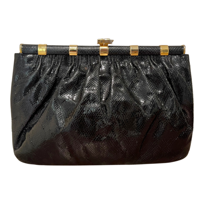 1980s judith leiber style black lizard clutch with gold chain strap 0668