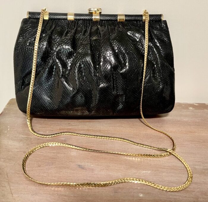 1980s judith leiber style black lizard clutch with gold chain strap 4515