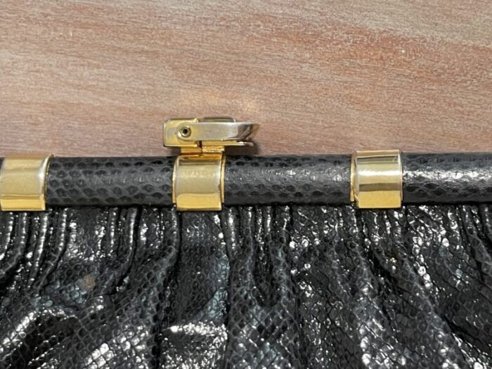 1980s judith leiber style black lizard clutch with gold chain strap 9848