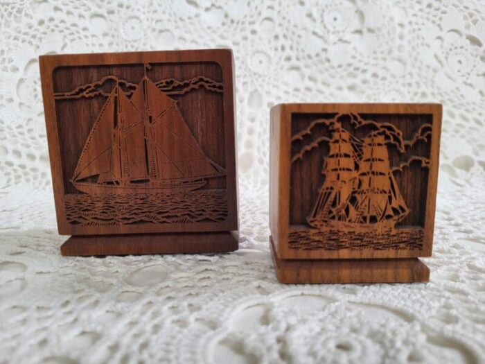 1980s pair of wooden engraved sailboat office organizers 2187