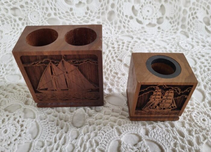 1980s pair of wooden engraved sailboat office organizers 4486