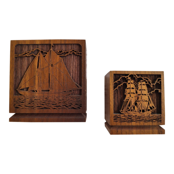 1980s pair of wooden engraved sailboat office organizers 8602