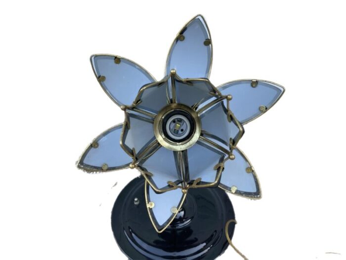 1980s vintage triple lotus flower lamp black lacquer gray glass table lamp 9824