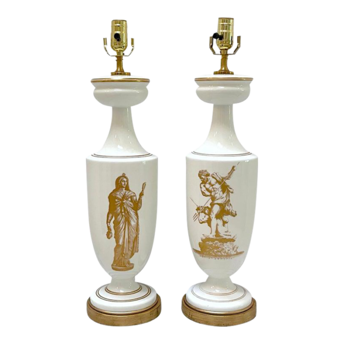 19th c french neoclassical gilt opaline glass lamps venus and neptune a pair 5377