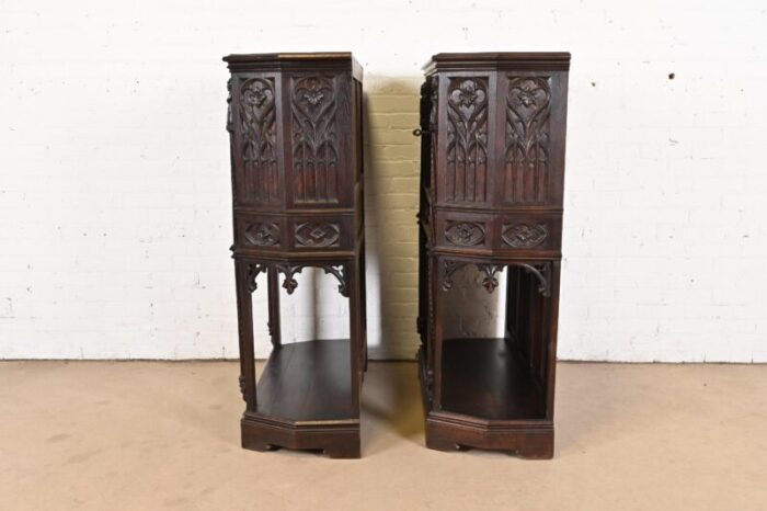 19th century belgian gothic revival carved dark oak bar cabinets pair 1299