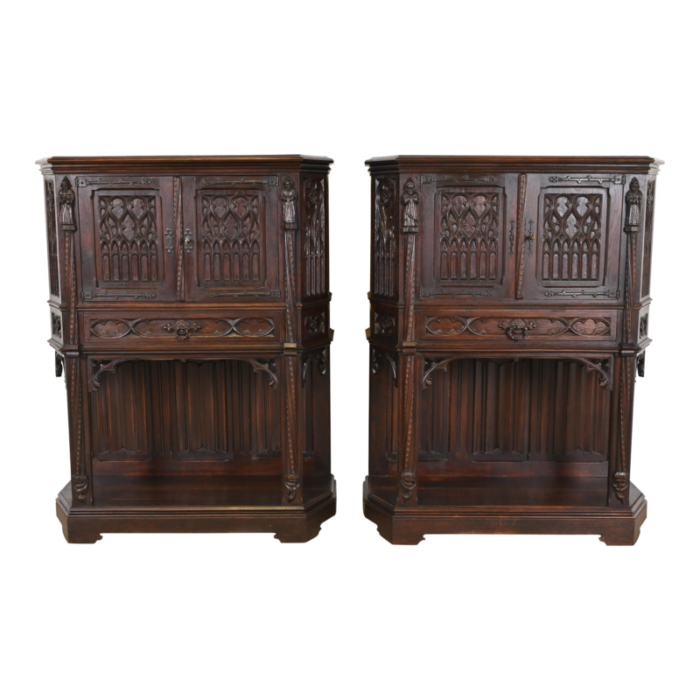 19th century belgian gothic revival carved dark oak bar cabinets pair 2485