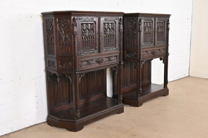 19th century belgian gothic revival carved dark oak bar cabinets pair 4445