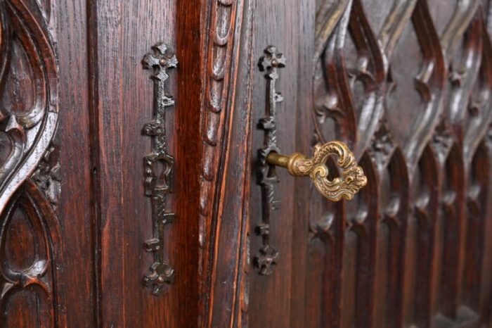 19th century belgian gothic revival carved dark oak bar cabinets pair 4923