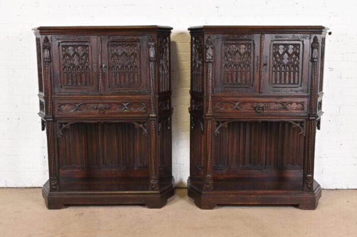 19th century belgian gothic revival carved dark oak bar cabinets pair 6164