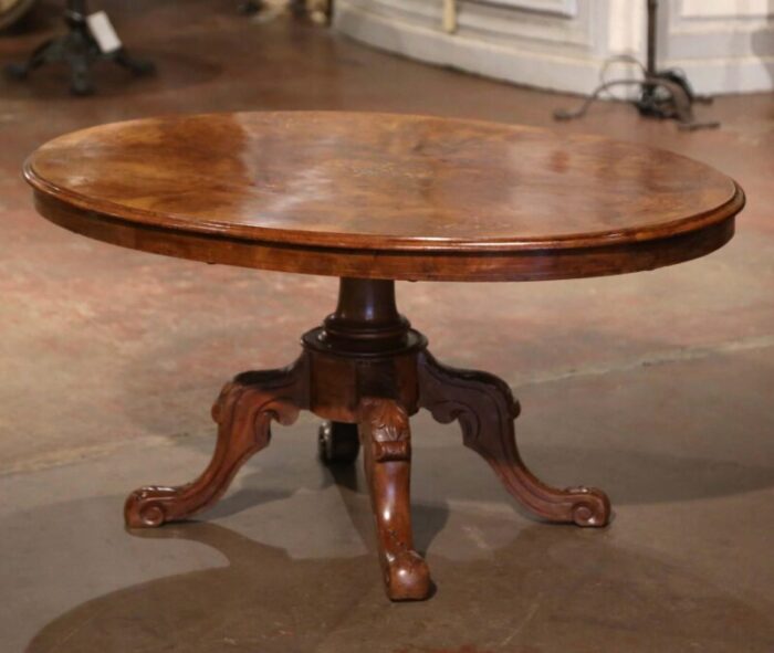 19th century english carved inlaid burl and walnut oval pedestal coffee table 0442