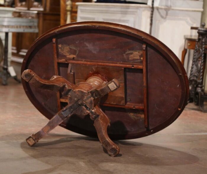 19th century english carved inlaid burl and walnut oval pedestal coffee table 3327