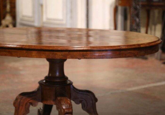 19th century english carved inlaid burl and walnut oval pedestal coffee table 5718