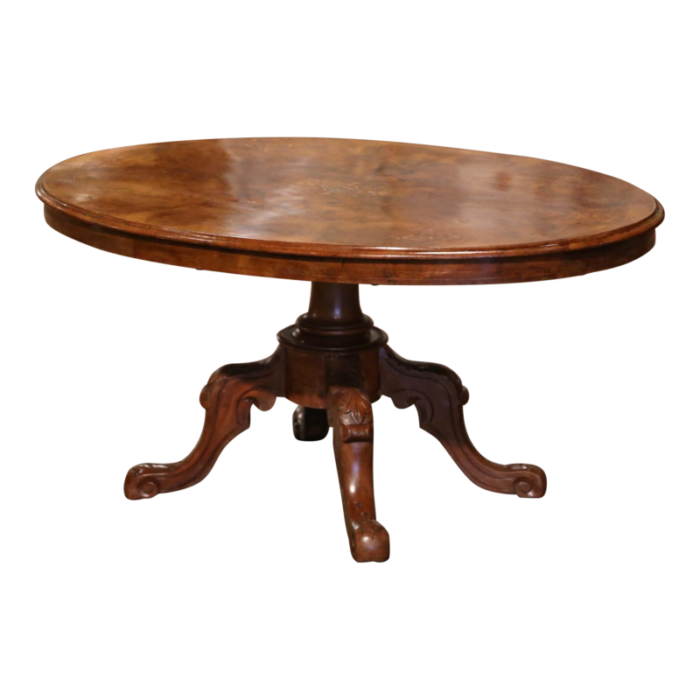 19th century english carved inlaid burl and walnut oval pedestal coffee table 6772