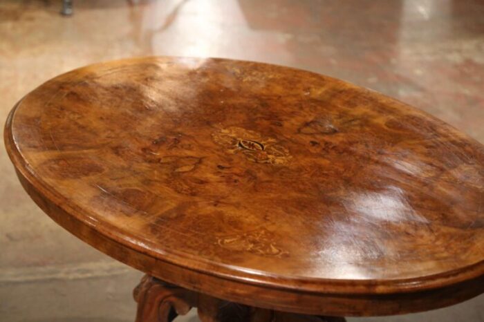 19th century english carved inlaid burl and walnut oval pedestal coffee table 6972